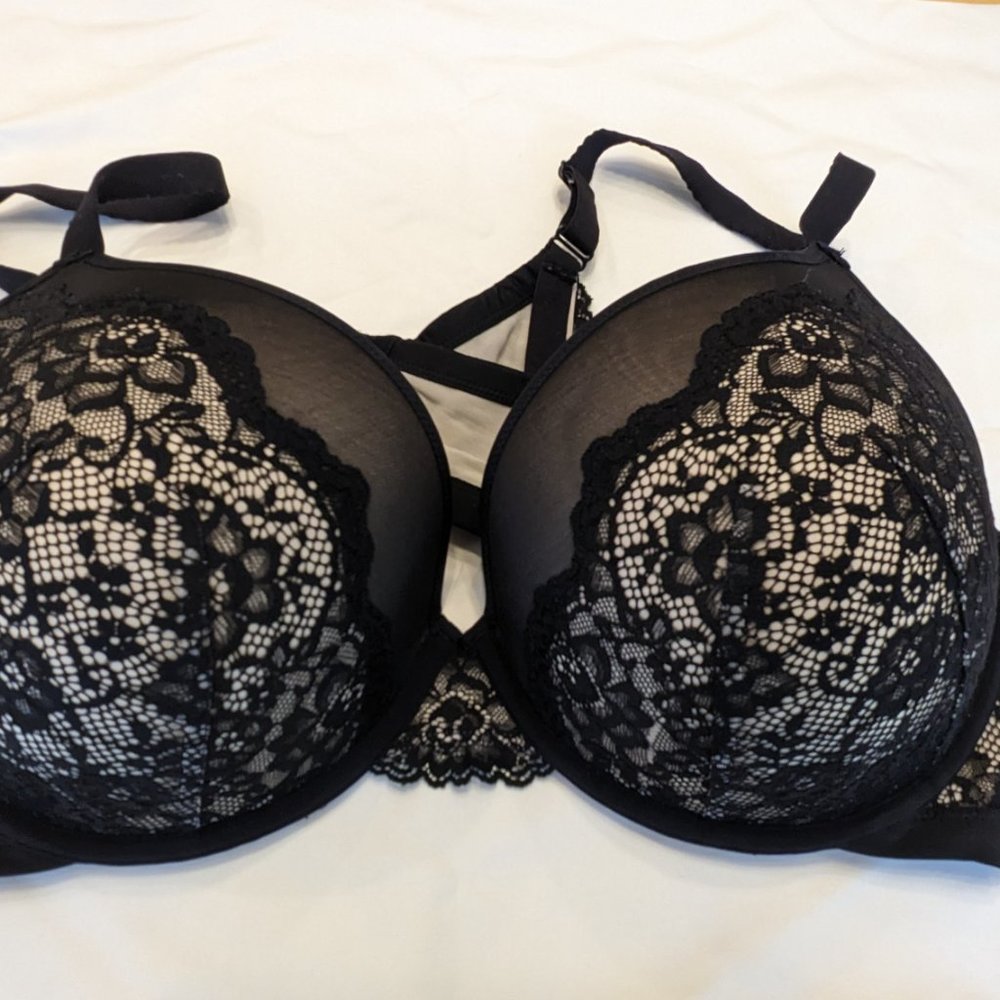 Torrid Plunge Push-Up Scallop Lace Straight Back Bra Black & Nude 46D - Picture 5 of 7